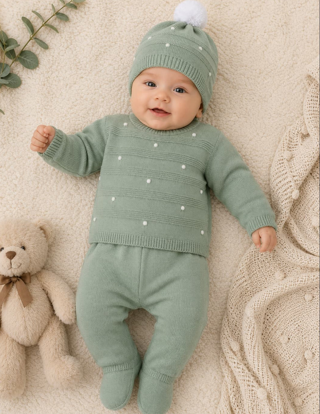 Conjunto de lã Glory Baby – Azul Claro com Pompons 27109 (0 a 6 meses) 