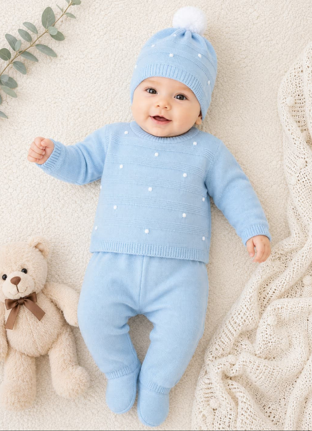 Conjunto de invierno para bebé de punto tres piezas en celeste con jersey, polaina y gorro con pompón Pelottas 621102012