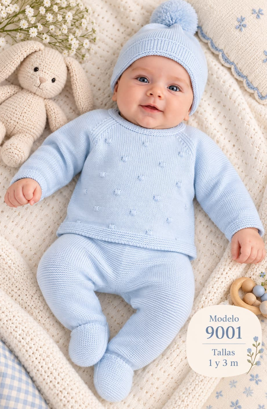 Conjunto de lã Glory Baby – Azul Claro com Pompons 27109 (0 a 6 meses) 