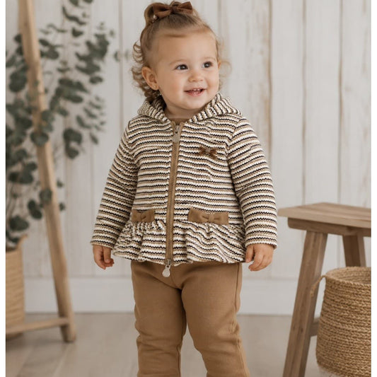 Conjunto de bebé niña de dos piezas con chaqueta de rayas con capucha y volante y legging afelpado 622106026