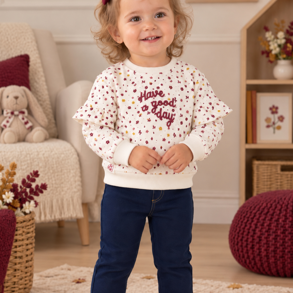 Conjunto de bebé niña de dos piezas con sudadera cruda floral con volantes y pantalón elástico marino Referencia 622161056 (Modelo 61056)