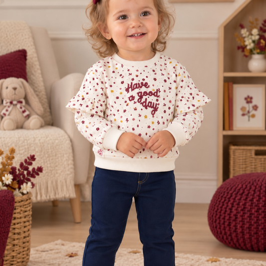 Conjunto de bebé niña de dos piezas con sudadera cruda floral con volantes y pantalón elástico marino Referencia 622161056 (Modelo 61056)