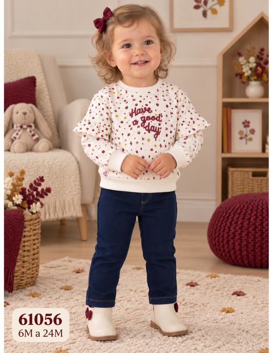 Conjunto de bebé niña de dos piezas con sudadera cruda floral con volantes y pantalón elástico marino Referencia 622161056 (Modelo 61056)