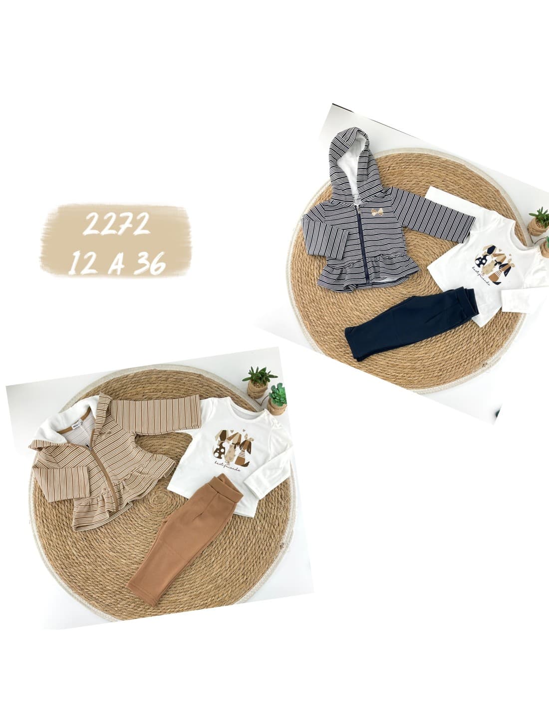 Conjunto de 3 peças para bebé menina com casaco, t-shirt e calças – Riscas e tons naturais 522102272 (12 a 36 meses)