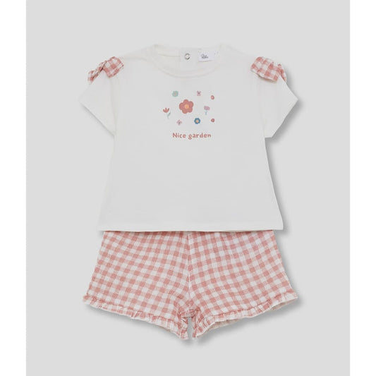 Conjunto infantil de niña STREET MONKEY con camiseta blanca y short vichy rosa 622063065