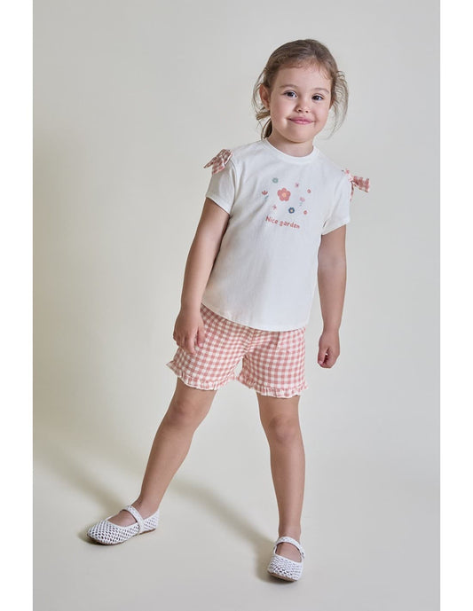 Conjunto infantil de niña STREET MONKEY con camiseta blanca y short vichy rosa 622063065