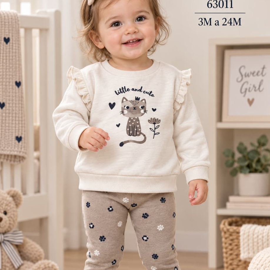 Conjunto de bebé niña de dos piezas con sudadera cruda de gatito con volantes y legging estampado Street Monkey Referencia 622163011 (Modelo 63011)