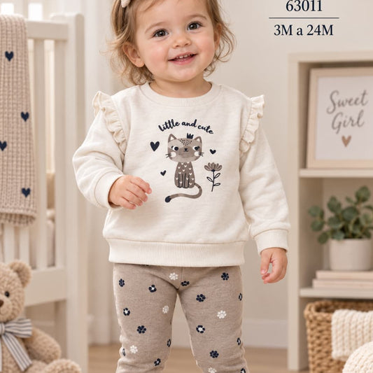 Conjunto de bebé niña de dos piezas con sudadera cruda de gatito con volantes y legging estampado Street Monkey Referencia 622163011 (Modelo 63011)