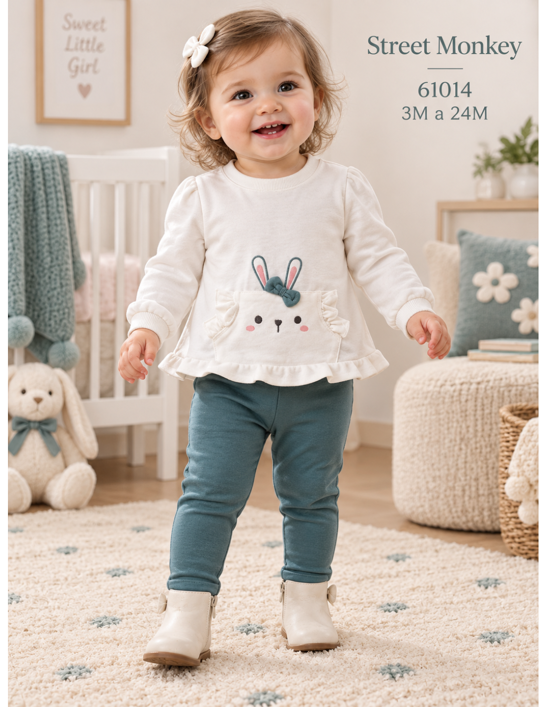 Conjunto de bebé niña de dos piezas con sudadera cruda de conejito con volante y legging verde azulado Street Monkey Referencia 622161014 (Modelo 61014)
