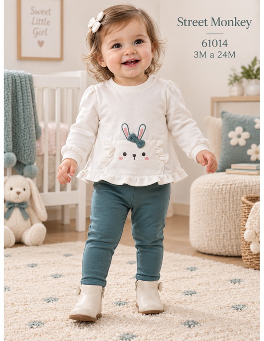 Conjunto de bebé niña de dos piezas con sudadera cruda de conejito con volante y legging verde azulado Street Monkey Referencia 622161014 (Modelo 61014)