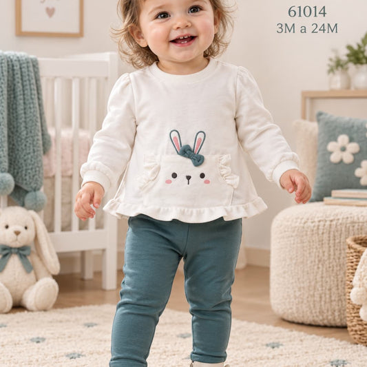 Conjunto de bebé niña de dos piezas con sudadera cruda de conejito con volante y legging verde azulado Street Monkey Referencia 622161014 (Modelo 61014)
