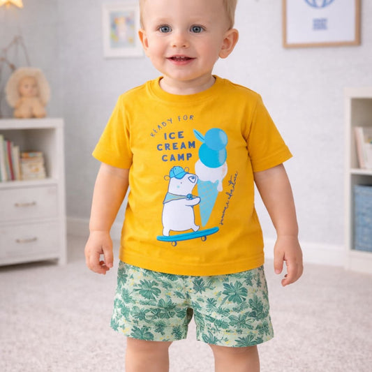 Conjunto bebé niño camiseta amarilla y short estampado BABYBOL 222012226 – Cómodo, fresco y divertido ☀️