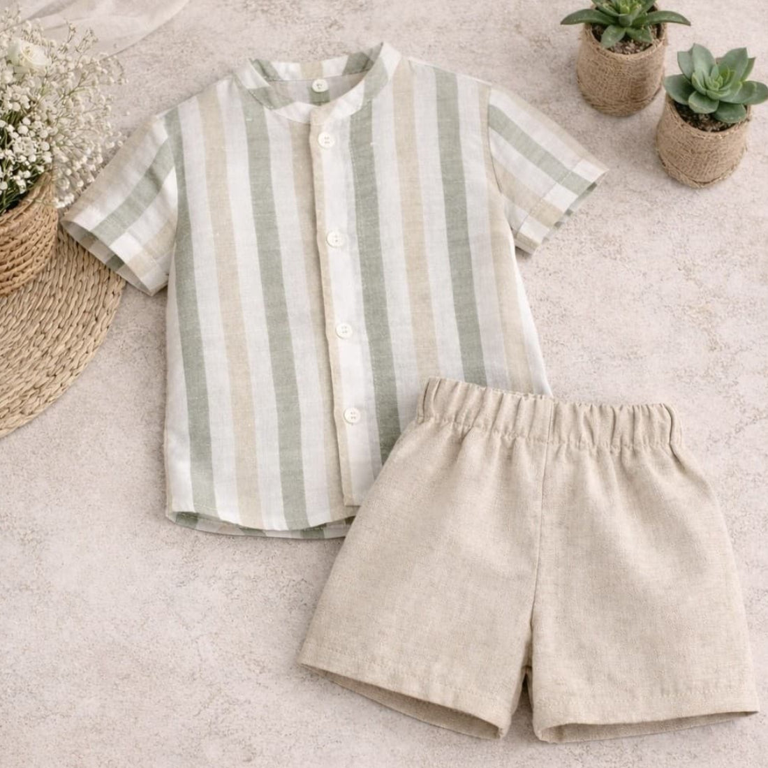 Conjunto Bebé Niño Camisa de Rayas y Bermuda de Lino Creaciones Baby Ferr 622026303 – Hecho en España