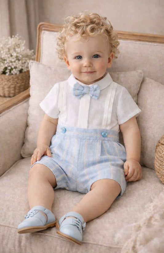 Conjunto bebé niño de ceremonia con pajarita y short azul listado 622026319 – Fabricado en España