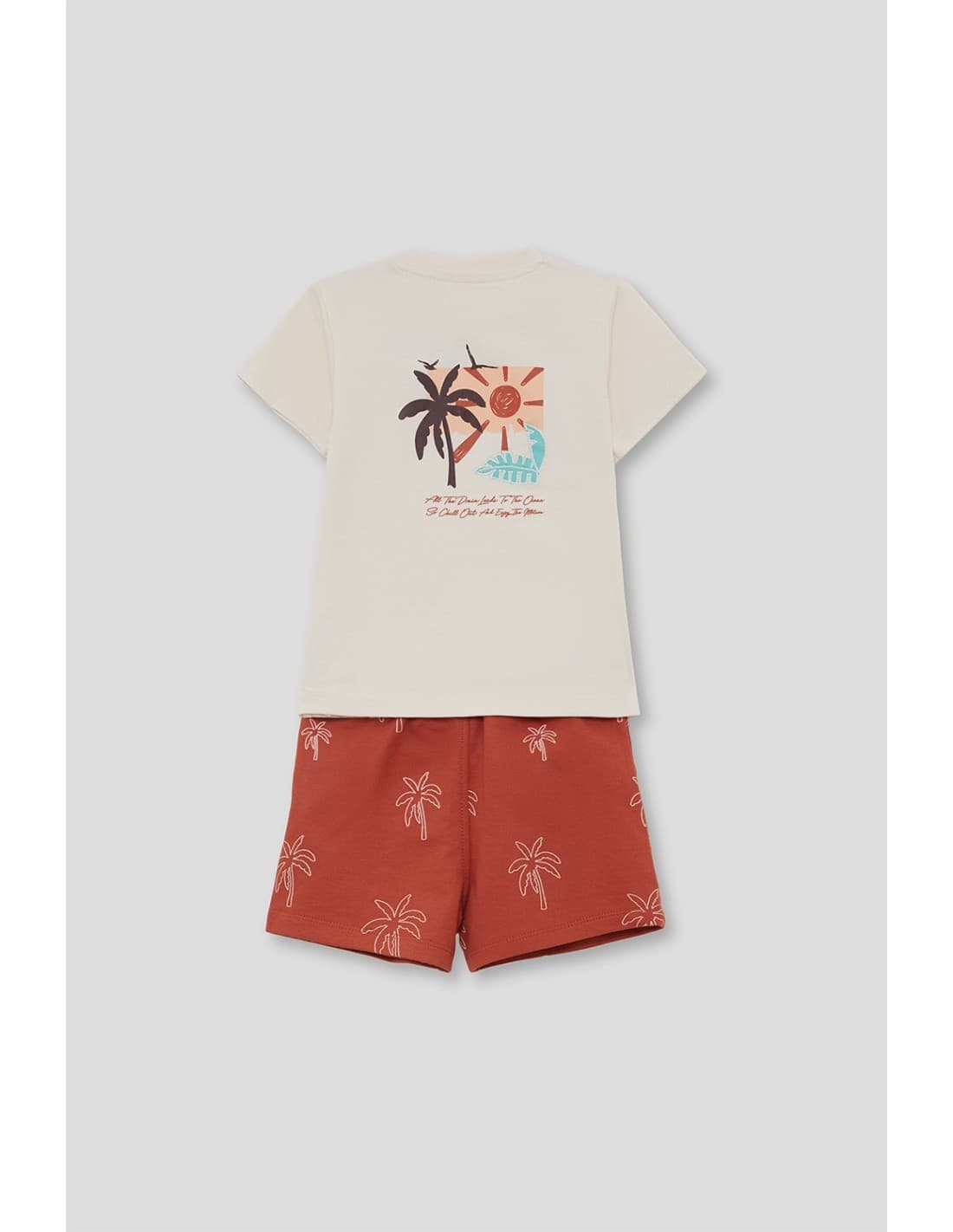 Conjunto infantil de niño con camiseta beige y bermuda coral estampada 622064014
