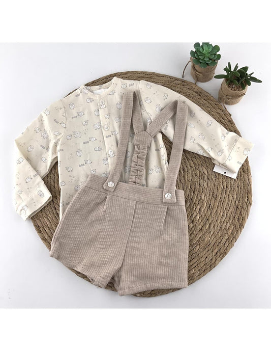 Conjunto bebé menino com suspensórios Baby Ferr 522125365 Camisola estampada e calças em bombazine