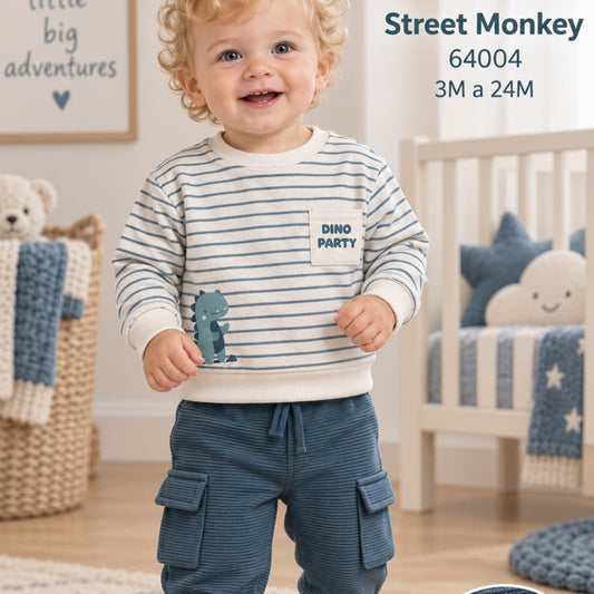 Conjunto de bebé niño de dos piezas con sudadera de rayas marinera dinosaurio y pantalón cargo de canalé Street Monkey Referencia 622164030 (Modelo 64004)