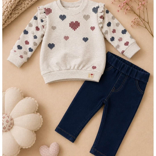 Conjunto de bebé niña de dos piezas con sudadera de corazones con volantes y jegging vaquero Babybol 261006