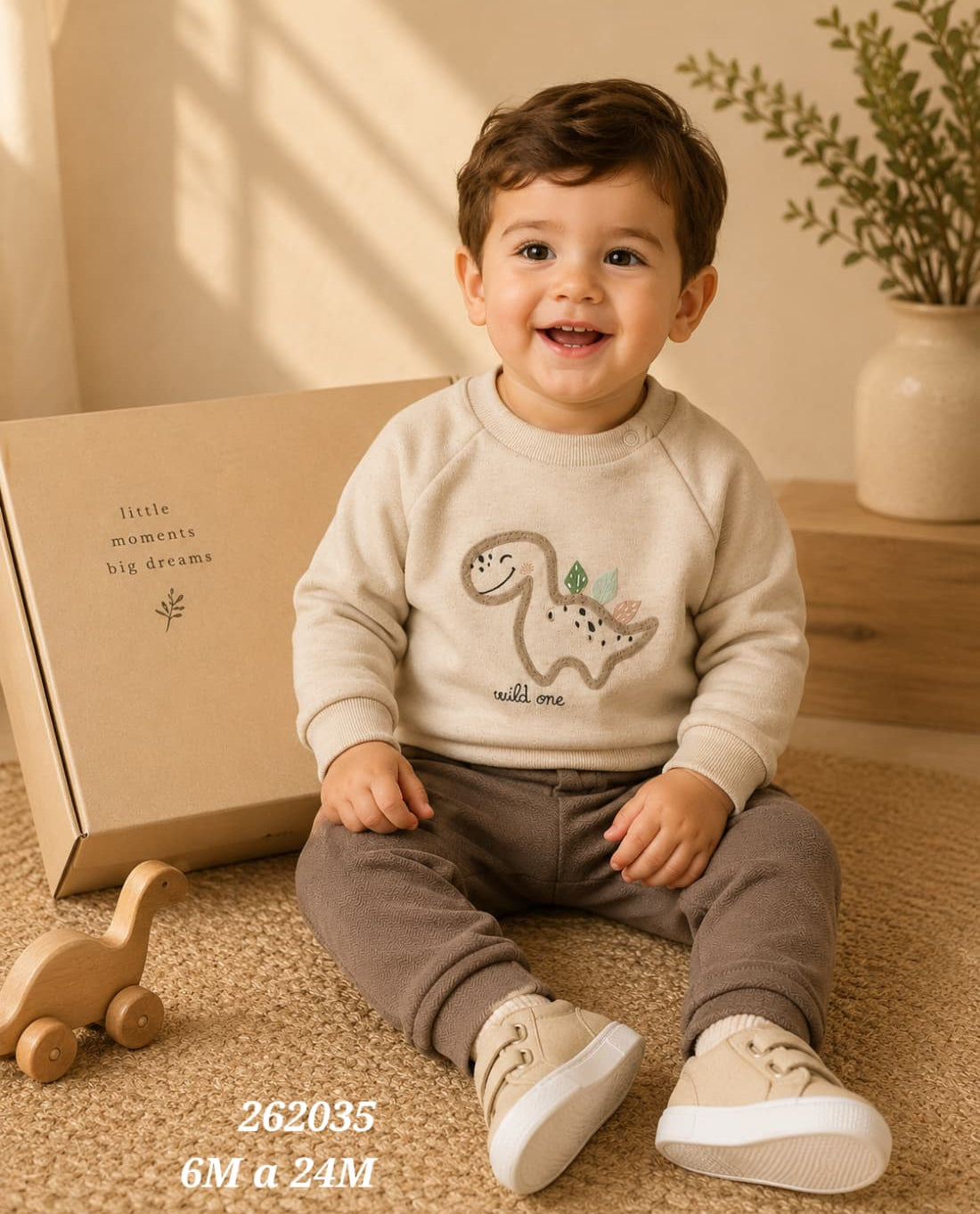Conjunto de bebé niño de dos piezas con sudadera de dinosaurio y pantalón topo Babybol Referencia 262035 (622162035)
