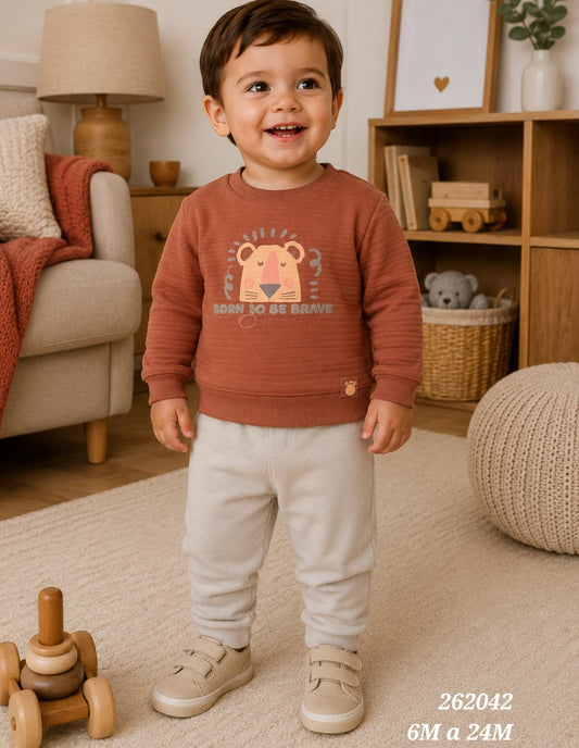 Conjunto de bebé niño de dos piezas con sudadera león teja y pantalón beige Babybol 262042