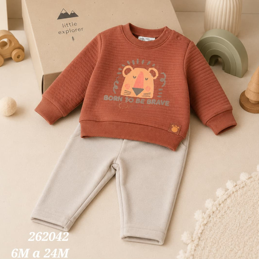 Conjunto de bebé niño de dos piezas con sudadera león teja y pantalón beige Babybol 262042