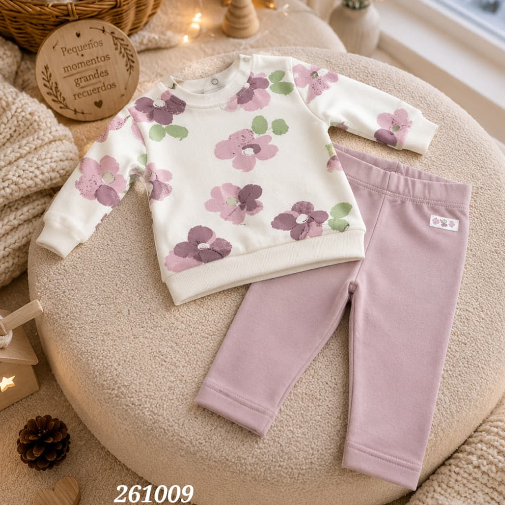 Conjunto de bebé niña de dos piezas con sudadera floral malva y legging rosa empolvado Babybol 261009
