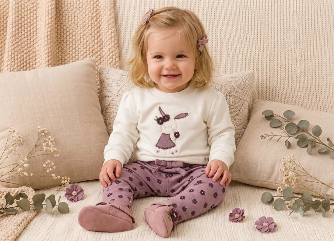 Conjunto de bebé niña de dos piezas con sudadera conejita y pantalón malva floral Babybol 261008