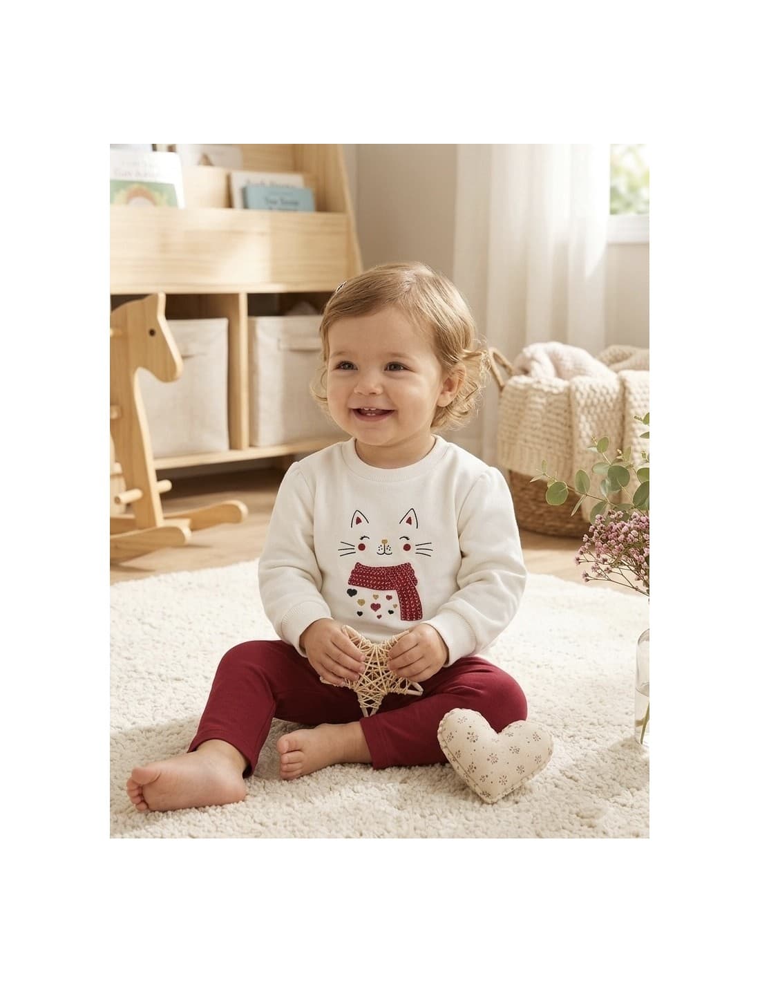 Conjunto de bebé niña de dos piezas con sudadera gatita y legging granate Babybol 261002