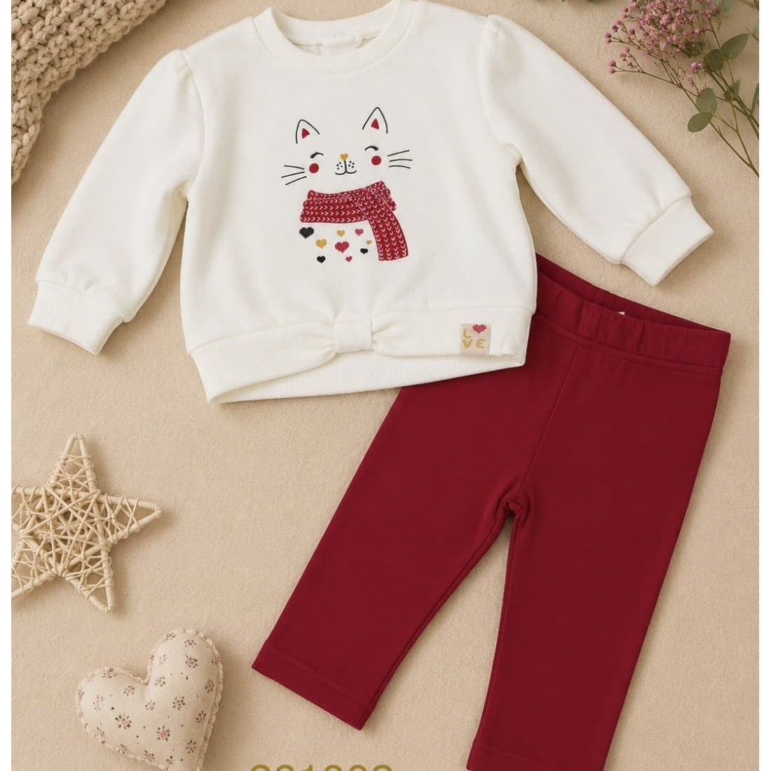 Conjunto de bebé niña de dos piezas con sudadera gatita y legging granate Babybol 261002