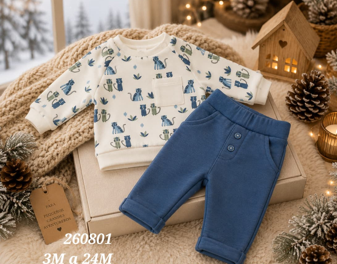 Conjunto de bebé niño de dos piezas con sudadera estampada de tigres y pantalón azul índigo Babybol 260801