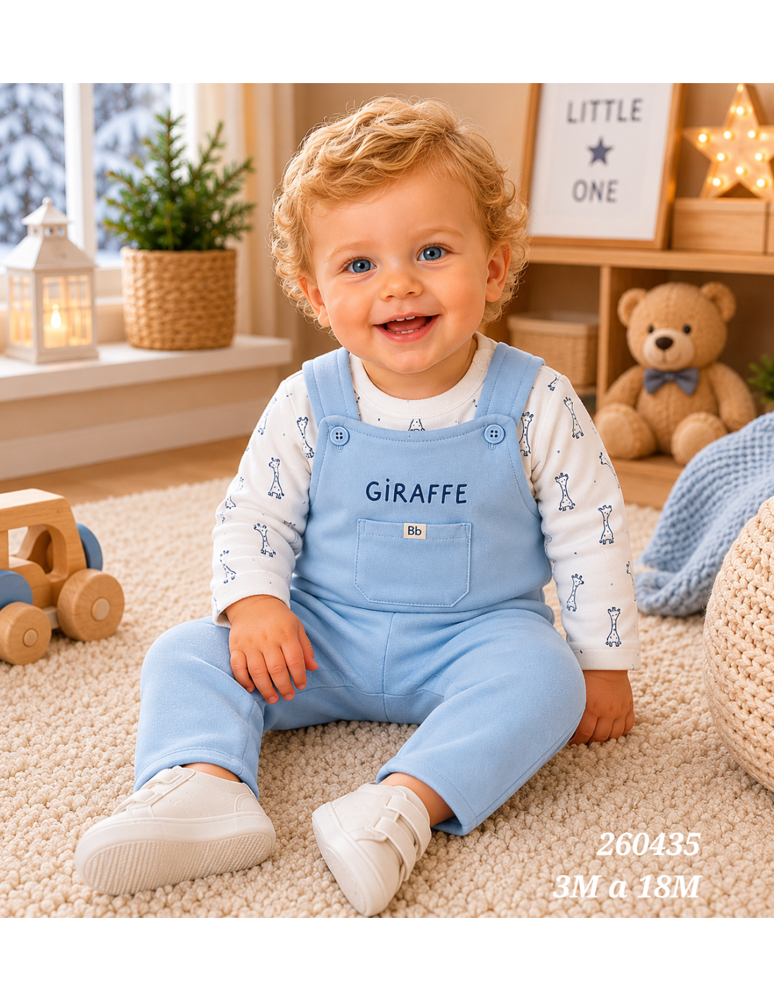Conjunto de bebé niño de dos piezas con peto largo perchado celeste y camiseta de jirafas Babybol 260435