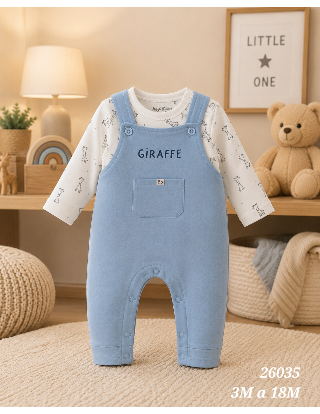 Conjunto de bebé niño de dos piezas con peto largo perchado celeste y camiseta de jirafas Babybol 260435