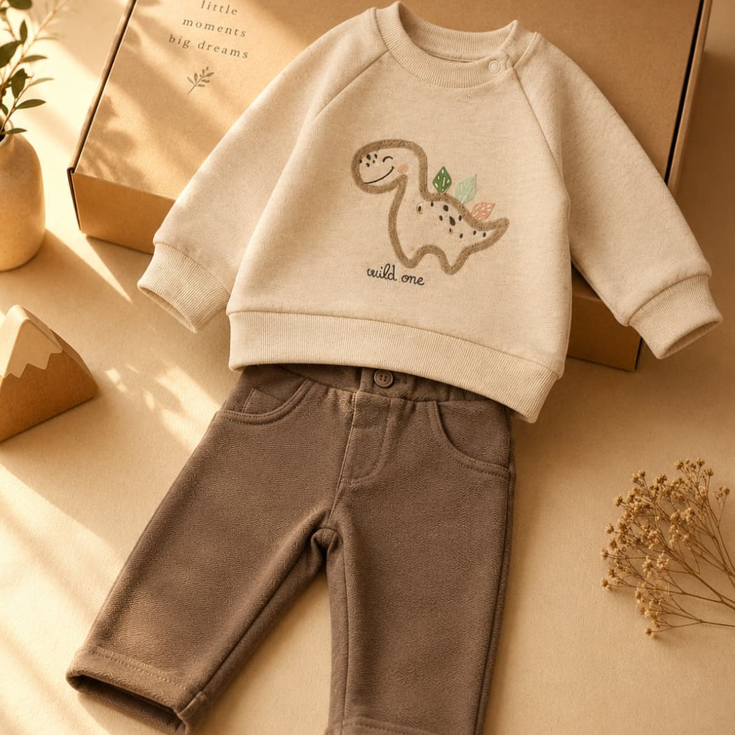 Conjunto de bebé niño de dos piezas con sudadera de dinosaurio y pantalón topo Babybol Referencia 262035 (622162035)