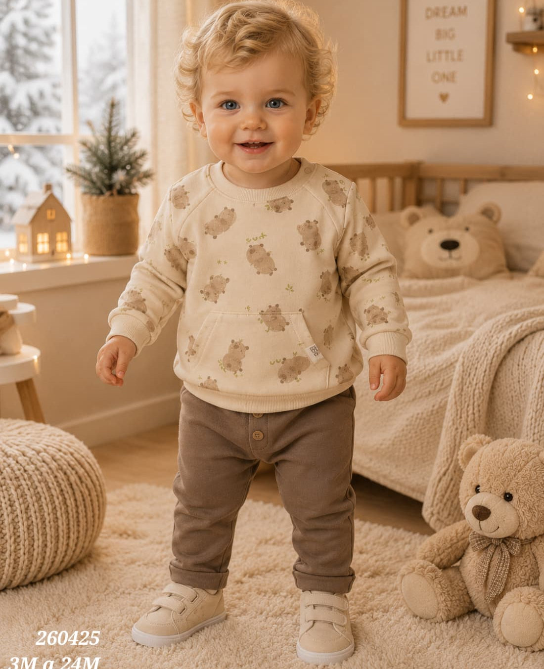 Conjunto de bebé niño de dos piezas con sudadera de ositos bolsillo canguro y pantalón marrón topo Babybol 260425