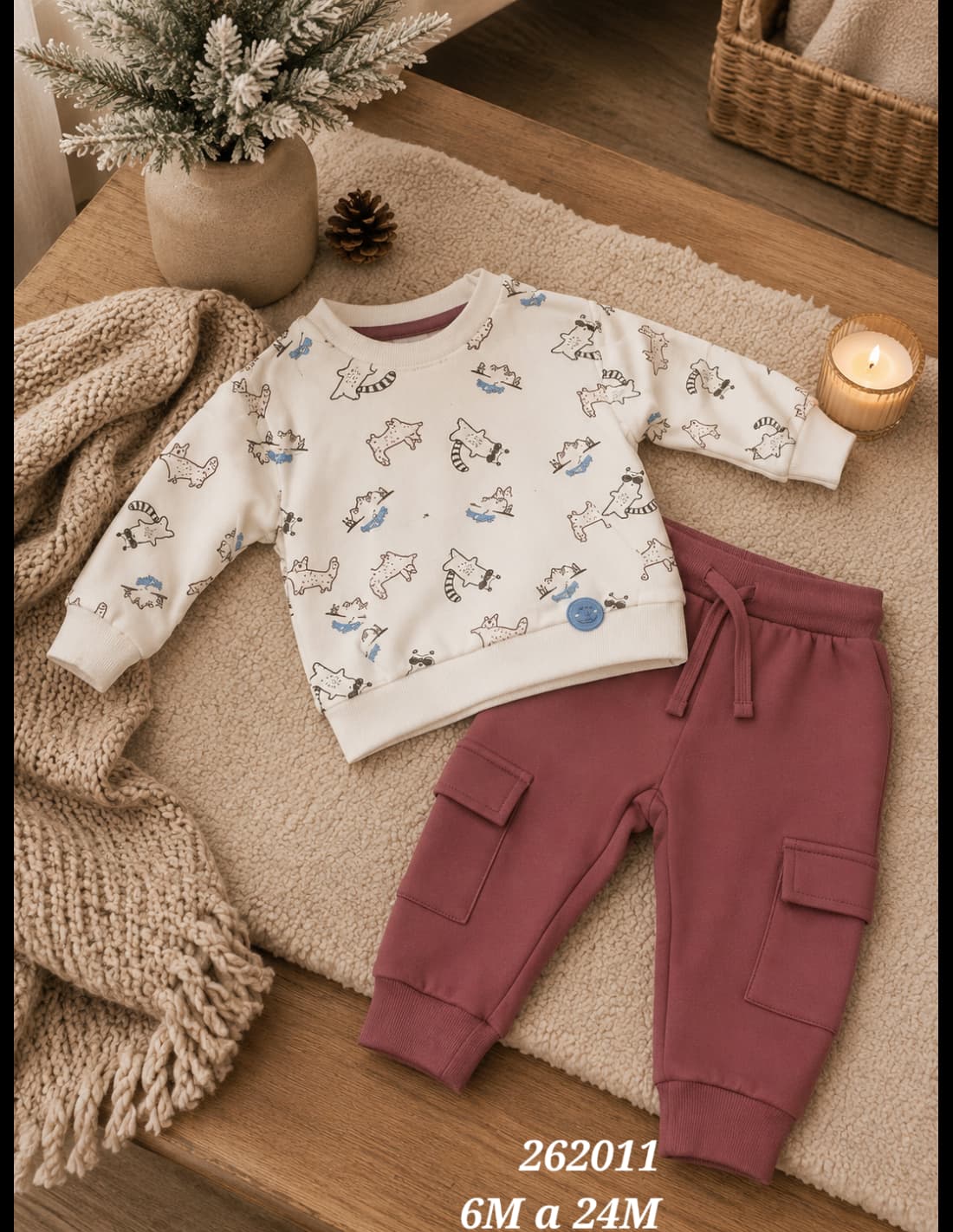 Conjunto de bebé de dos piezas con sudadera estampada de animalitos y pantalón cargo malva Babybol Referencia 262011