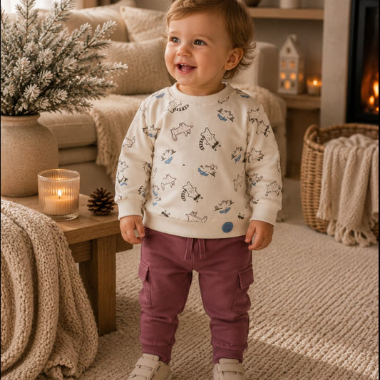 Conjunto de bebé de dos piezas con sudadera estampada de animalitos y pantalón cargo malva Babybol Referencia 262011