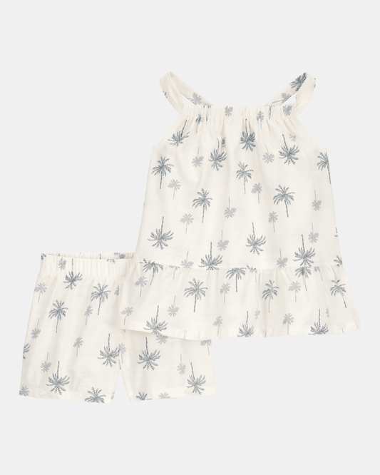 Conjunto de dos piezas de algodón, pantalón corto y blusa sin mangas, diseño palmas