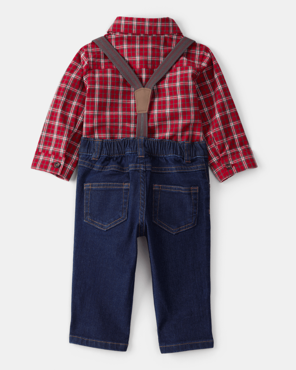 Conjunto dos piezas camisa a cuadros y pantalón con tirantes denim