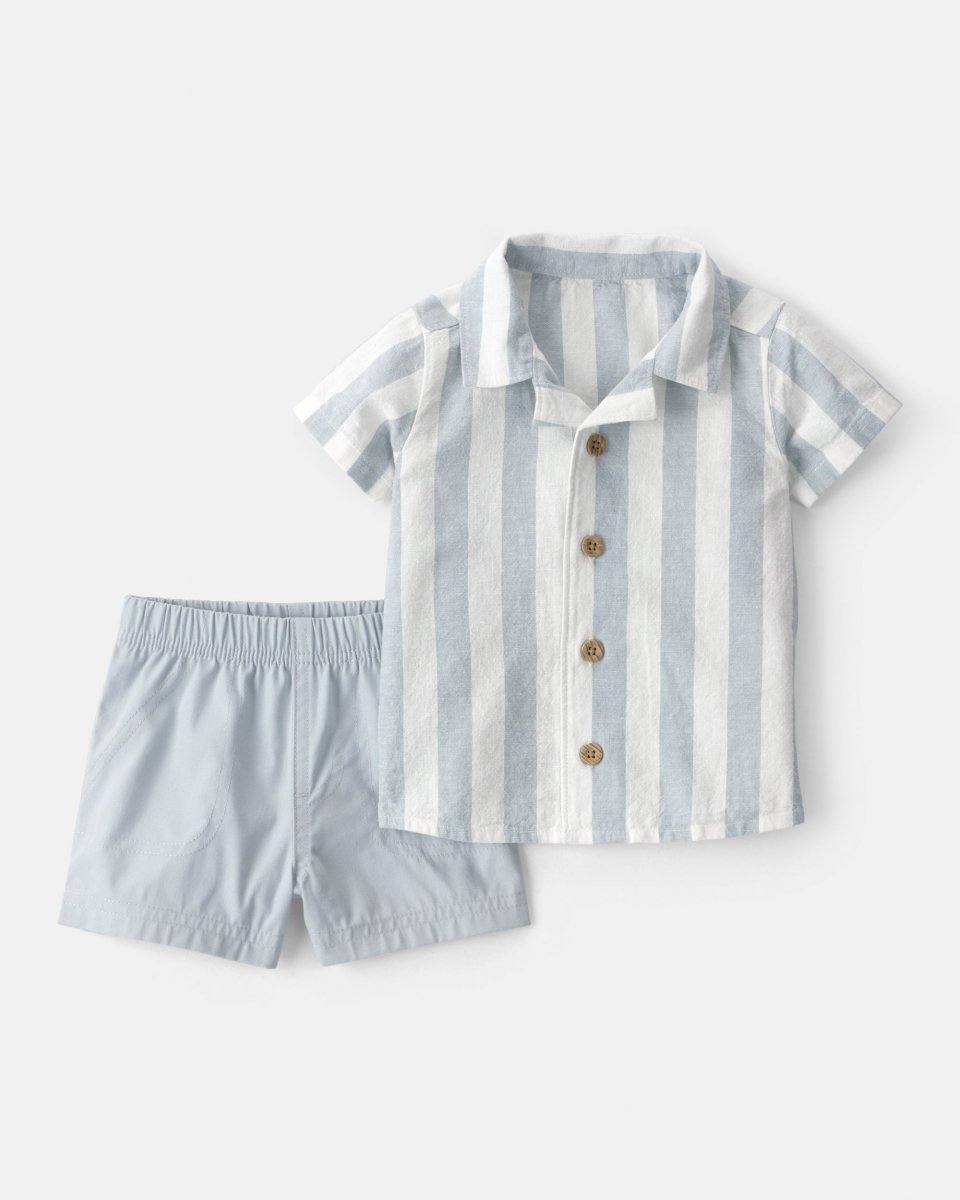 Conjunto dos piezas camisa de lino y pantalón corto de algodón, diseño a rayas azul