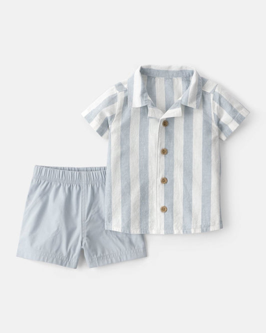 Conjunto dos piezas camisa de lino y pantalón corto de algodón, diseño a rayas azul