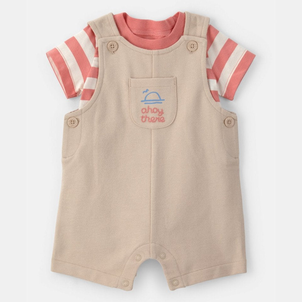 Conjunto dos piezas de algodón con peto corto y camiseta diseño a rayas naútico