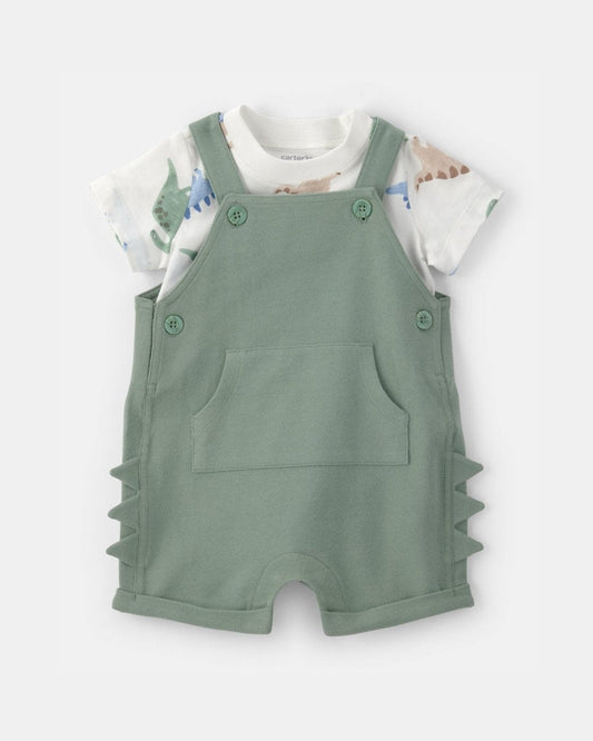 Conjunto dos piezas de algodón con peto corto y camiseta diseño dinosaurio