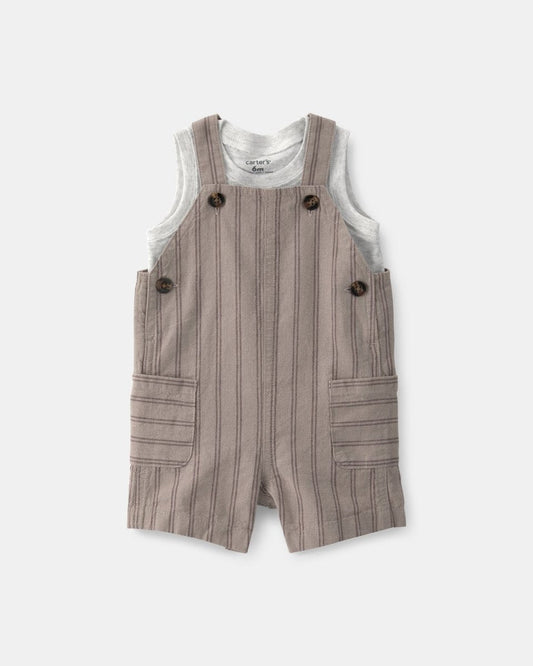 Conjunto dos piezas de lino con peto corto a rayas y camiseta sin mangas marrón