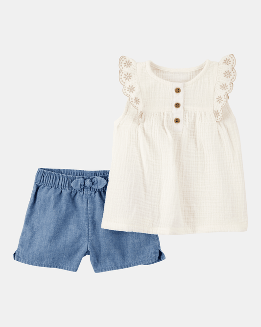 Conjunto dos piezas, pantalón corto de chambray y camiseta de algodón, bordado floral