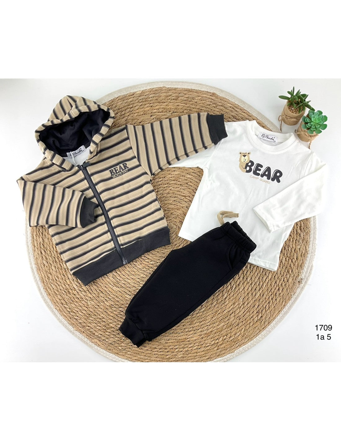 Conjunto Infantil Niño 3 Piezas con Chaqueta, Camiseta y Pantalón Rayas y Estampado Bear 522101709 (1 a 5 años)