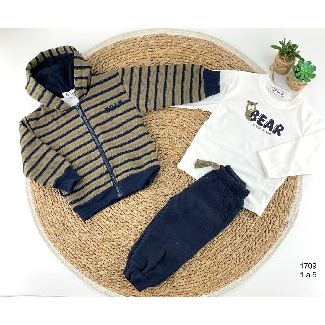 Conjunto Infantil Niño 3 Piezas con Chaqueta, Camiseta y Pantalón Rayas y Estampado Bear 522101709 (1 a 5 años)