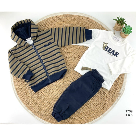 Conjunto de 3 peças para criança com casaco, t-shirt e calças às riscas com estampado de urso 522101709 (1 a 5 anos)