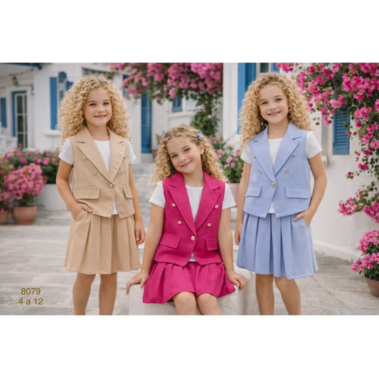 Conjunto niña 3 piezas entretiempo 422008079 – Chaleco blazer y falda plisada