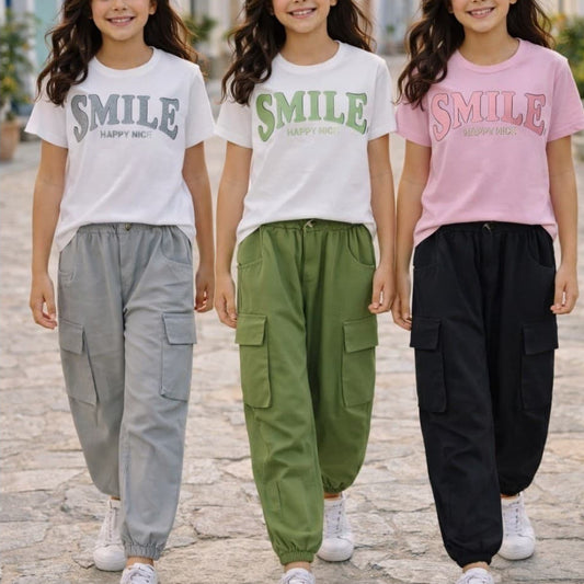 Conjunto niña casual SMILE 422006161 – Camiseta algodón y pantalón cargo