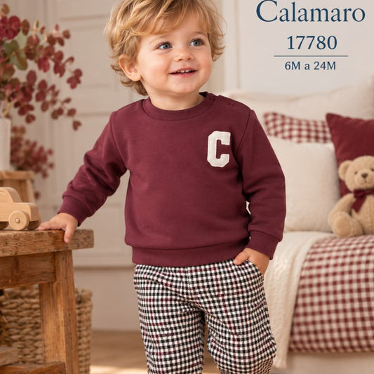 Conjunto para bebé niño con sudadera burdeos y pantalón largo a cuadros Calamaro 221117780 (Modelo 17780)